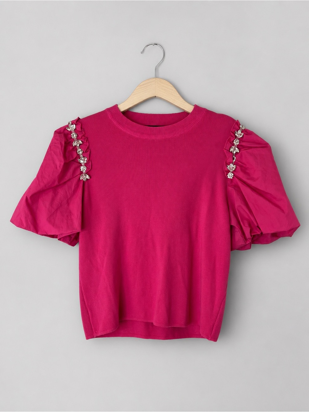 Ontwelfth Hot Pink Embellished Puff Sleeve Sweater Top Rhinestone embellished